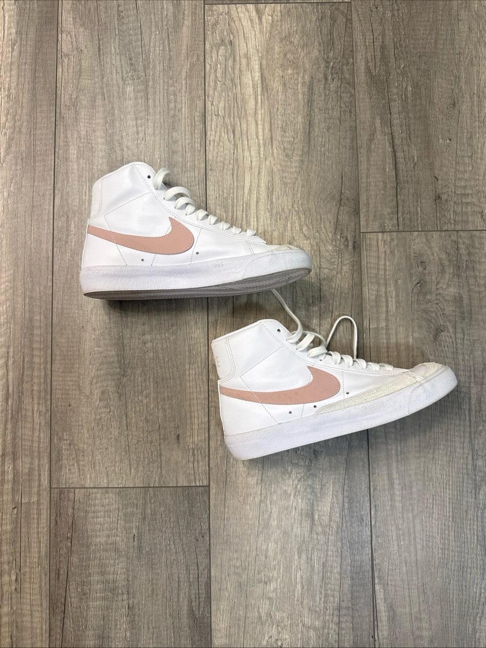 Nike White High-Top Sneakers with Blush Pink Swoosh